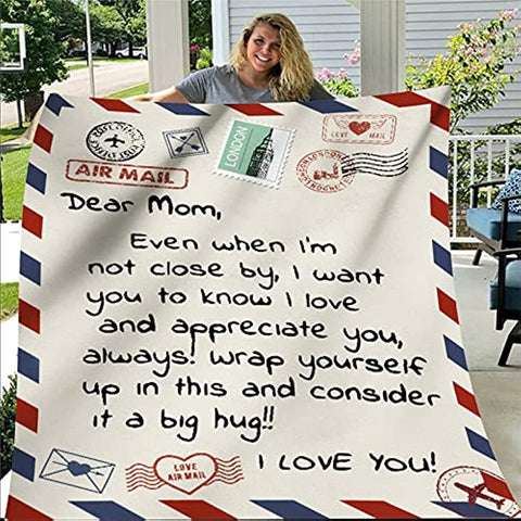 To My Mom Gift Blanket from Daughter Son I Love You Dear Mom Air Mail Letter Printed Blanket Throw for Christmas Birthday Mother Day's Soft Bed Flannel Blanket (Dear Mom-50x60in)