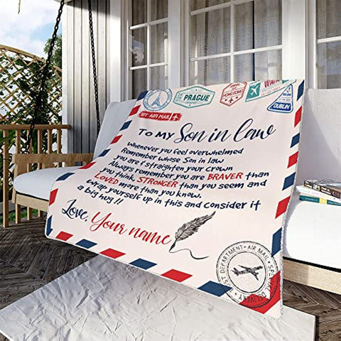 Personalized Air Mail Letter To My Son in law Throw Blankets, Gift To My Son Blanket From Mom,Gift To My Daughter, Granddaughter, Grandson From ,Customized Name, Custom Blanket for Birthday, Christmas