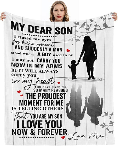 Gifts for Son from Mom Fathers Day Birthday Gifts to My Son Blanket Boys Christmas Valentines Day Gifts for Him Love Son Letters Printed Soft Flannel Fleece Blanket for Bed Couch 60" x 50"