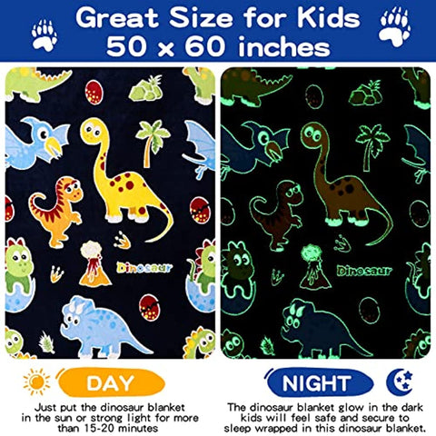 Glow in The Dark Dinosaur Blanket for Boys,Dinosaur Gifts for Boys 1-12 Year Old,Dinosaur Toys for Toddler Kids Teens,Room Decor Birthday Easter Christmas Thanksgiving Gifts for Boy