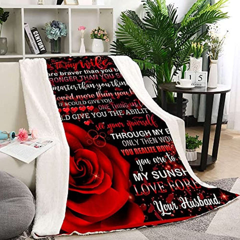 to My Wife Blanket,to My Wife Gifts from Husband Throw Blanket,Valentine Blanket Throw,Valentine Gifts for Women,Red Rose Valentine Day Gifts Blanket for Sofa Couch Decor 50"x 60"