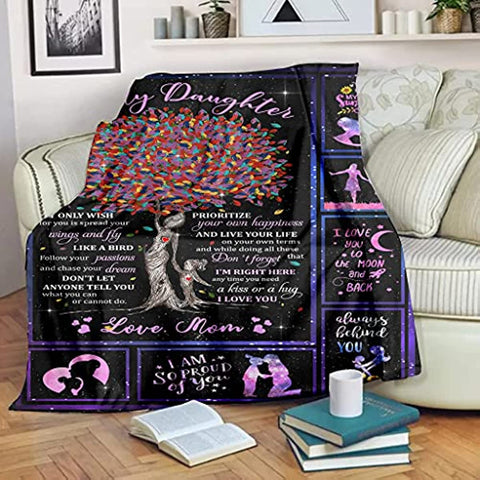 to My Daughter Blankets from Mom Daughter Gifts Letter Printed Throw Fleece Blankets Birthday Gifts Thanksgiving Day Holiday Blanket for Bed Couch Living Room (Mom, 60”x80“)
