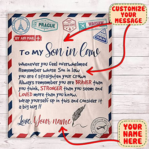 Personalized Air Mail Letter To My Son in law Throw Blankets, Gift To My Son Blanket From Mom,Gift To My Daughter, Granddaughter, Grandson From ,Customized Name, Custom Blanket for Birthday, Christmas