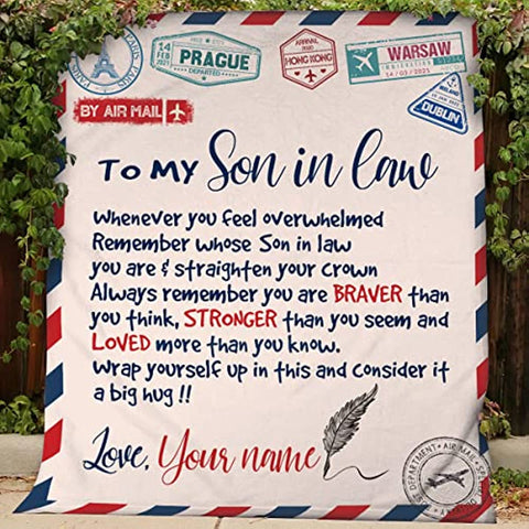 Personalized Air Mail Letter To My Son in law Throw Blankets, Gift To My Son Blanket From Mom,Gift To My Daughter, Granddaughter, Grandson From ,Customized Name, Custom Blanket for Birthday, Christmas