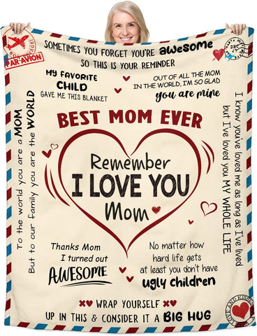 Mothers Day, Birthday Gifts for Mom from Daughter Son - Best Mom Ever Gifts, Unique Gifts for Mom to Be, Pregnant, New Mom Gifts for Women After Birth - I Love You Mom Throw Blanket 50x60
