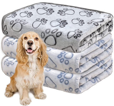 1 Pack 3 Dog Blankets for Medium Dogs, Soft Fleece Dog Blanket Fluffy Pet Blanket Warm Sleep Mat Grey Cute Paw Print Puppy Cat Blanket, Flannel Throw for Washable Dog Bed, Blanket for Dogs, 41"X31"