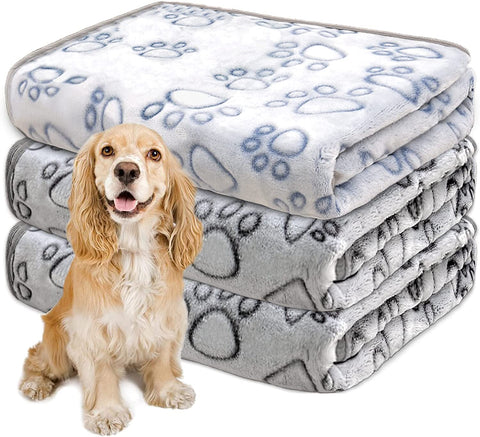 1 Pack 3 Dog Blankets for Medium Dogs, Soft Fleece Dog Blanket Fluffy Pet Blanket Warm Sleep Mat Grey Cute Paw Print Puppy Cat Blanket, Flannel Throw for Washable Dog Bed, Blanket for Dogs, 41"X31"