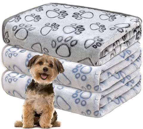 1 Pack 3 Dog Blankets for Medium Dogs, Soft Fleece Dog Blanket Fluffy Pet Blanket Warm Sleep Mat Grey Cute Paw Print Puppy Cat Blanket, Flannel Throw for Washable Dog Bed, Blanket for Dogs, 41"X31"
