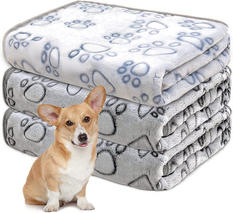1 Pack 3 Dog Blankets for Medium Dogs, Soft Fleece Dog Blanket Fluffy Pet Blanket Warm Sleep Mat Grey Cute Paw Print Puppy Cat Blanket, Flannel Throw for Washable Dog Bed, Blanket for Dogs, 41"X31"
