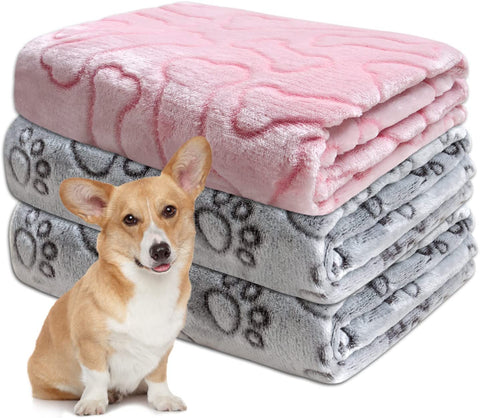 1 Pack 3 Dog Blankets for Medium Dogs, Soft Fleece Dog Blanket Fluffy Pet Blanket Warm Sleep Mat Grey Cute Paw Print Puppy Cat Blanket, Flannel Throw for Washable Dog Bed, Blanket for Dogs, 41"X31"
