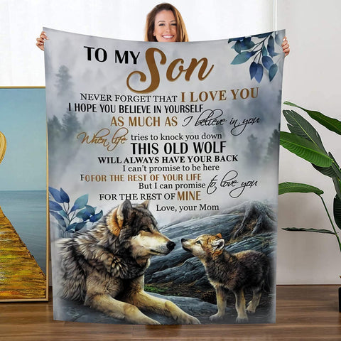 To My Son‘s Gifts from Mom Blanket,Sublimation Fleece Wolf Blanket Throw for Sofa Couch Bed Decor,60''x50'' for Teens Kids and Adults