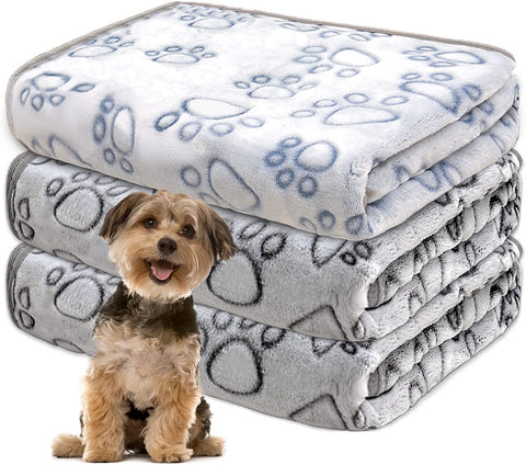 1 Pack 3 Dog Blankets for Medium Dogs, Soft Fleece Dog Blanket Fluffy Pet Blanket Warm Sleep Mat Grey Cute Paw Print Puppy Cat Blanket, Flannel Throw for Washable Dog Bed, Blanket for Dogs, 41"X31"