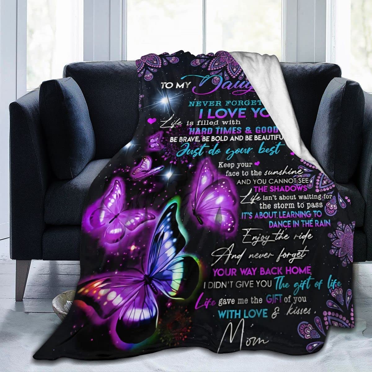 Daughter Blanket from Mom,Mothers Day Daughter Gifts,Fleece Purple Butterfly Sublimation Throw for Daughter&Girl's Birthday/Holiday Present,60x50 inches