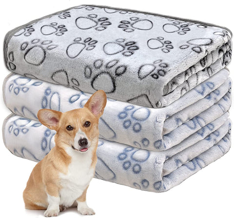 1 Pack 3 Dog Blankets for Medium Dogs, Soft Fleece Dog Blanket Fluffy Pet Blanket Warm Sleep Mat Grey Cute Paw Print Puppy Cat Blanket, Flannel Throw for Washable Dog Bed, Blanket for Dogs, 41"X31"