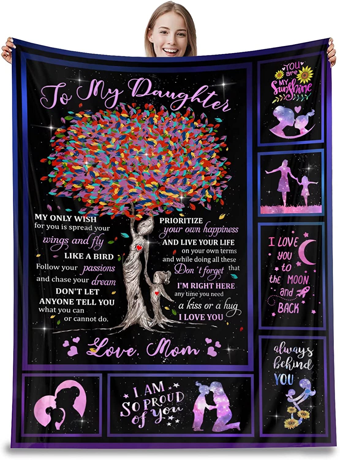 to My Daughter Blankets from Mom Daughter Gifts Letter Printed Throw Fleece Blankets Birthday Gifts Thanksgiving Day Holiday Blanket for Bed Couch Living Room (Mom, 60”x80“)