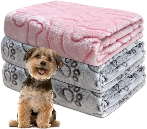 1 Pack 3 Dog Blankets for Medium Dogs, Soft Fleece Dog Blanket Fluffy Pet Blanket Warm Sleep Mat Grey Cute Paw Print Puppy Cat Blanket, Flannel Throw for Washable Dog Bed, Blanket for Dogs, 41"X31"