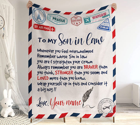 Personalized Air Mail Letter To My Son in law Throw Blankets, Gift To My Son Blanket From Mom,Gift To My Daughter, Granddaughter, Grandson From ,Customized Name, Custom Blanket for Birthday, Christmas