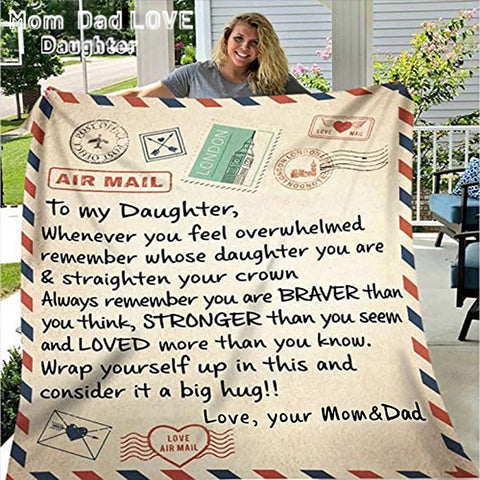 Fleece Blanket to My Daughter Letter Printed Quilts Dad Mom for Daughter's Air Mail Blanket Positive Encourage and Love Daughter's Flannel Blanket Gifts (5060in-mom)