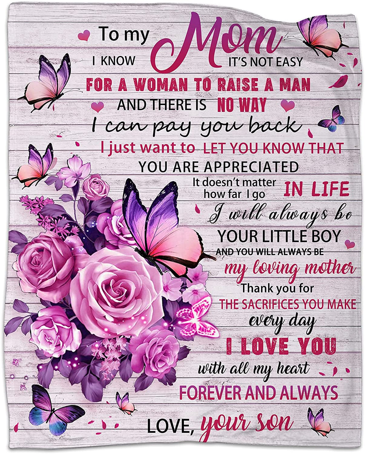 To My Mom Blanket from Daughter, Mom Pink Butterfly Blanket, Gifts for Mom, Mom Gifts from Daughters, Birthday for Mom Super Soft Cozy Flannel Throw Blanket 60" X 50"