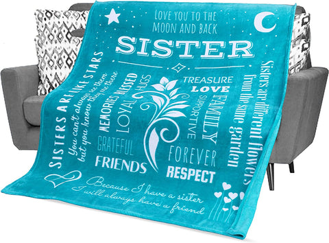 Gifts for Sister Blanket, Mothers Day, Birthday Gift for Sister from Sister, Say Happy Birthday Sister with a Snuggly Soft Sister Throw Blanket 60x50 Inches (Teal, Fleece)
