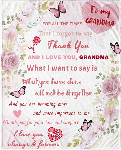 Grandma Blanket Mother's Day Throw Blanket Flower Butterfly Soft Flannel Lightweight Travel Plush Blankets Gifts from Granddaughter Grandson 40x50inch I Love You Grandma