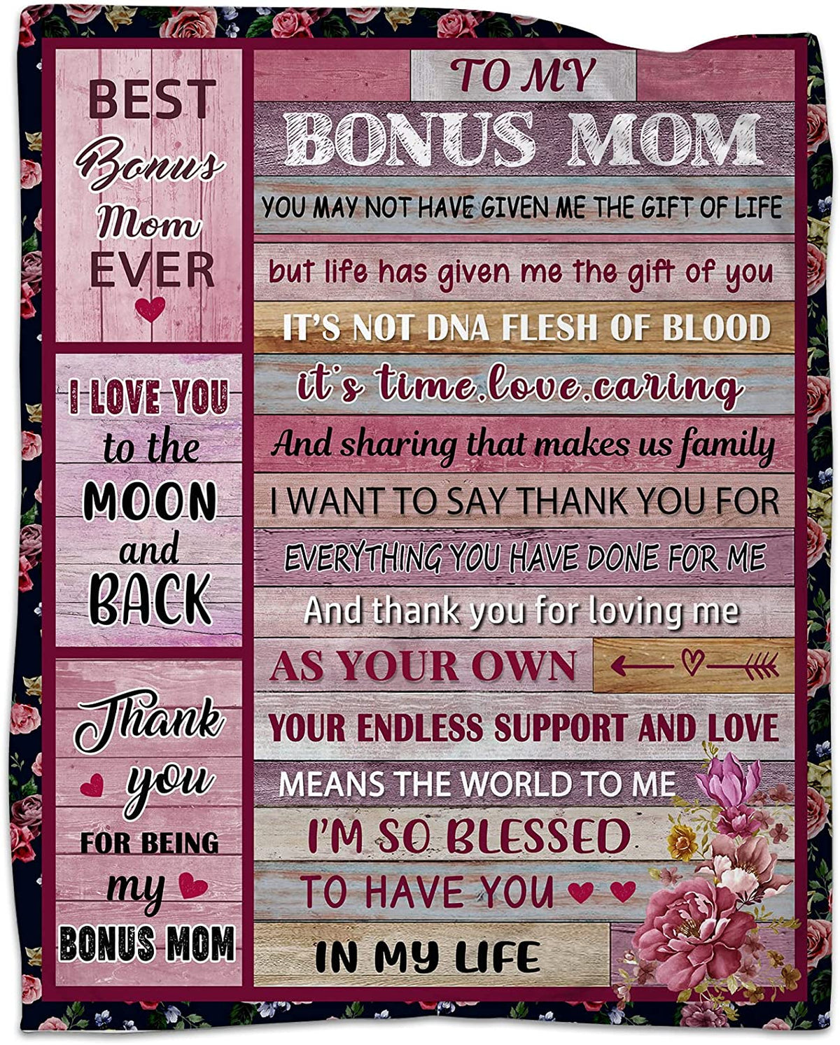 Mom Stepmom Gifts Blanket from Bonus Daughter Son, to My Bonus Mom Blankets for Birthday, Step Mom Gifts Soft Flannel Throw Blanket 50"x60"