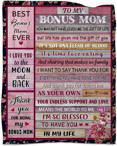 Mom Stepmom Gifts Blanket from Bonus Daughter Son, to My Bonus Mom Blankets for Birthday, Step Mom Gifts Soft Flannel Throw Blanket 50"x60"