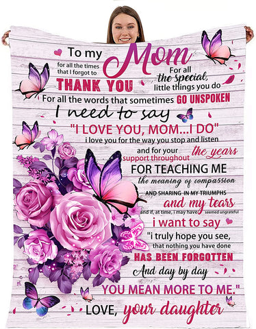 To My Mom Blanket from Daughter, Mom Pink Butterfly Blanket, Gifts for Mom, Mom Gifts from Daughters, Birthday for Mom Super Soft Cozy Flannel Throw Blanket 60" X 50"