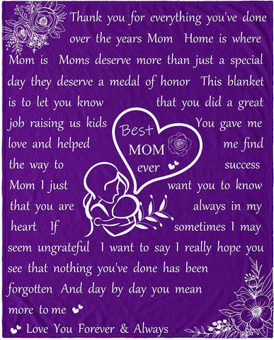 Mom Blanket Mother's Day Throw Blanket Gifts for Mom from Daughter Son Flower Butterfly Soft Flannel Lightweight Travel Plush Blankets Purple 40x50inch I Love You Mom