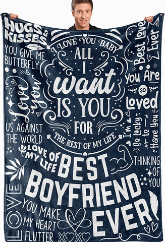 Boyfriend Blanket, Boyfriend Gifts, Best Boyfriend Ever, Love Sayings Flannel Blanket for Boyfriend, Soft Throw Blanket for Him, Gay Couple, BF, Man, Lovers - Blue 50 x 65 Inches