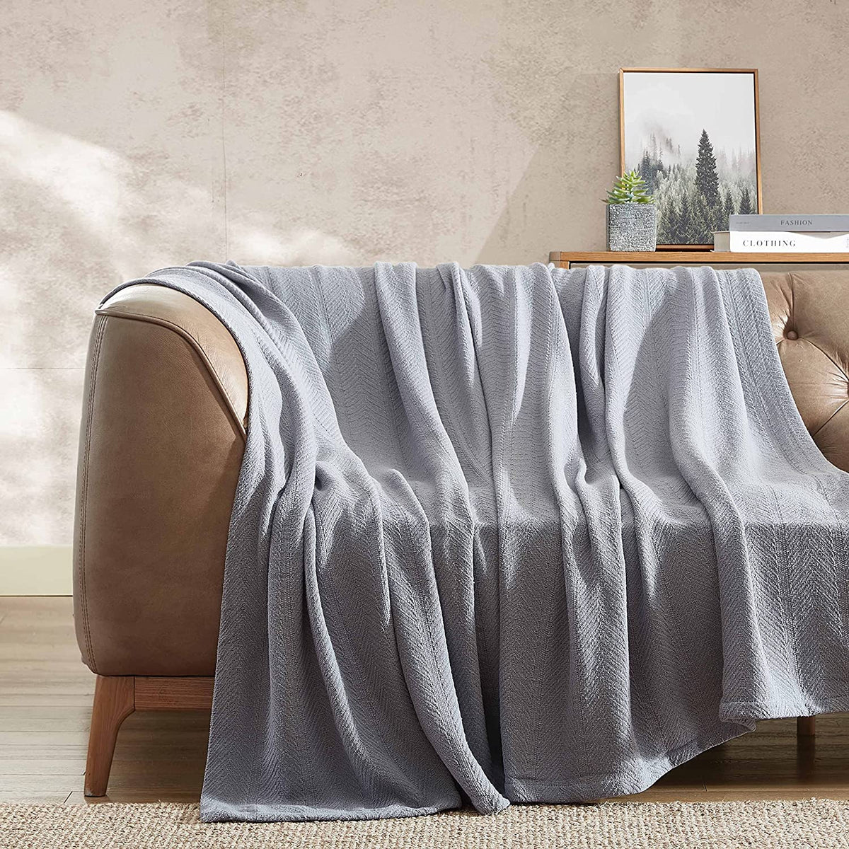 Queen Blanket, Lightweight Cotton Bedding, Home Decor for All Seasons (Herringbone Bone, Queen)